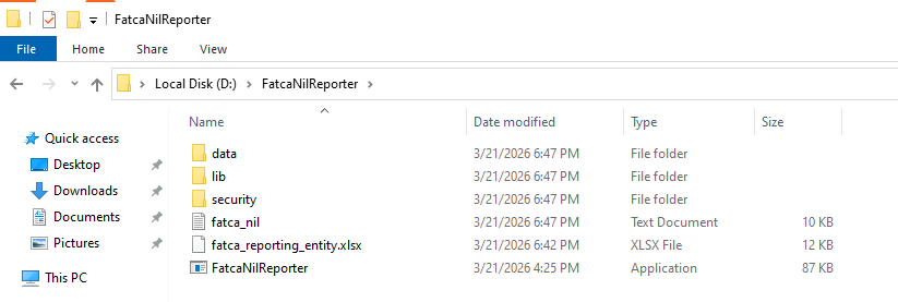 Folder containing FatcaNilReporter.exe, lib subfolder, and fatca_reporting_entity.xlsx.