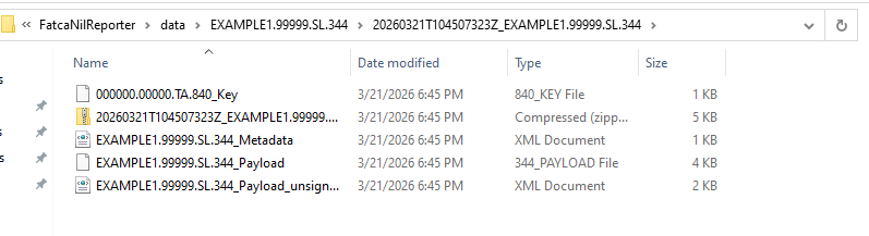 File Explorer showing data folder with GIIN subfolder and a timestamped job folder containing payload and metadata files.