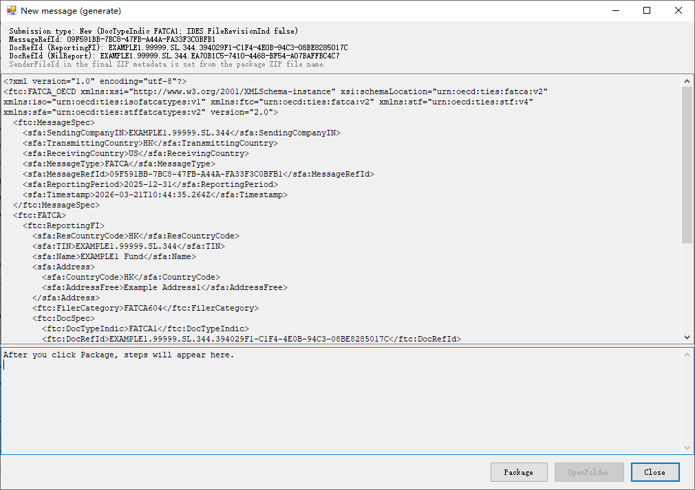 Generate payload dialog with XML preview and actions to build the IDES package.